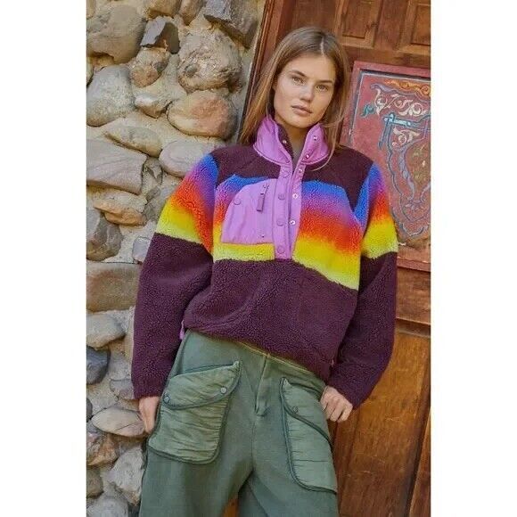 New Free People Hit the Slopes Printed Jacket Fleece Espresso Combo Size XS - Picture 1 of 9